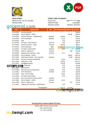 editable template, Eritrea Housing and Commerce bank statement Excel and PDF template