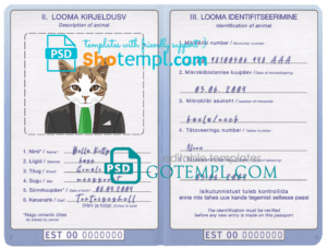FREE editable template, Estonia cat (animal, pet) passport PSD template, fully editable
