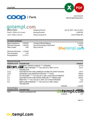 editable template, Estonia Coop Pank bank statement Excel and PDF template