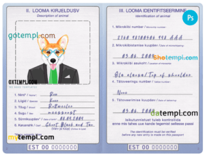 FREE editable template, Estonia dog (animal, pet) passport PSD template, fully editable