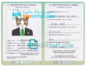 FREE editable template, Eswatini (Swaziland) cat (animal, pet) passport PSD template, completely editable