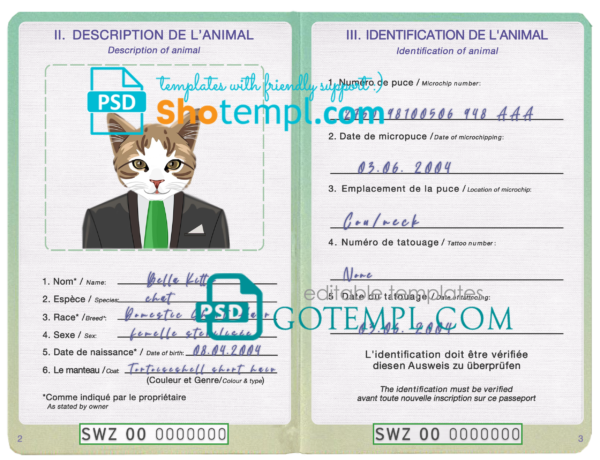 FREE editable template, Eswatini (Swaziland) cat (animal, pet) passport PSD template, completely editable