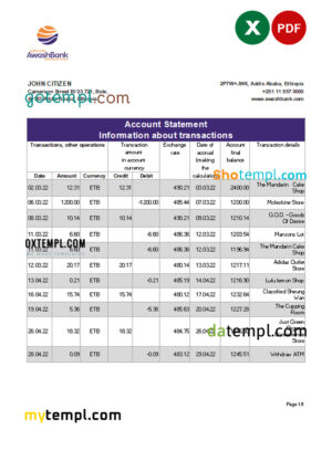 editable template, Ethiopia Awash Bank statement Excel and PDF template