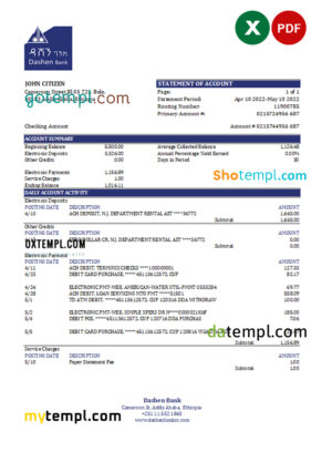 editable template, Ethiopia Dashen Bank statement Excel and PDF template