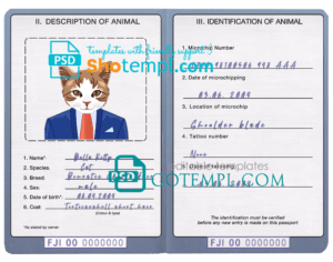 FREE editable template, Fiji cat (animal, pet) passport PSD template, completely editable