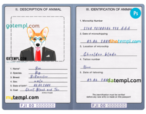 FREE editable template, Fiji dog (animal, pet) passport PSD template, completely editable
