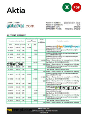 editable template, Finland Aktia bank statement Excel and PDF template