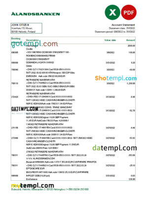 editable template, Finland Aland bank statement Excel and PDF template