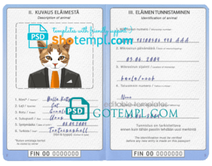 FREE editable template, Finland cat (animal, pet) passport PSD template, completely editable