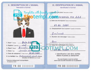 FREE editable template, France cat (animal, pet) passport template, fully editable