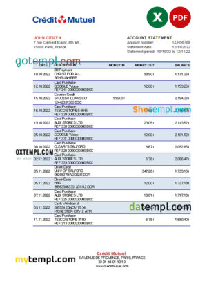 editable template, France Credit Mutuel bank statement Excel and PDF template