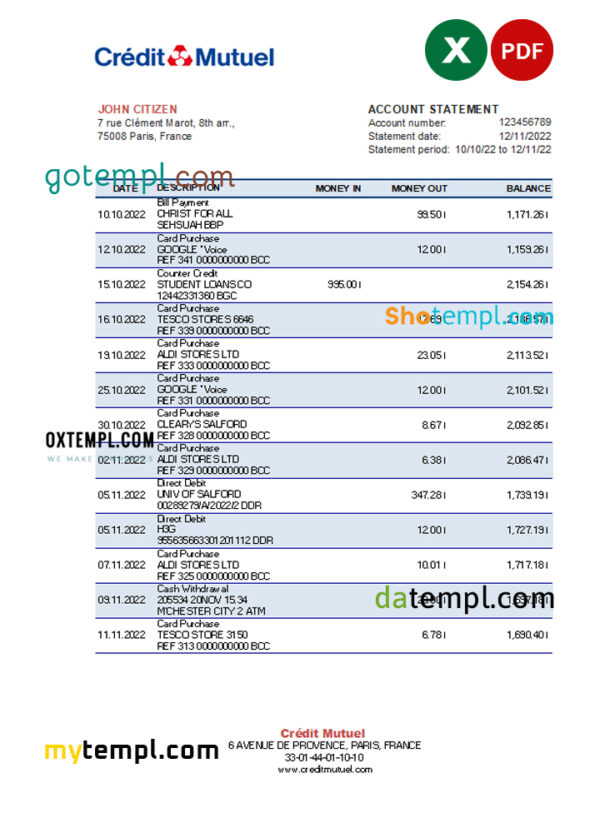 editable template, France Credit Mutuel bank statement Excel and PDF template