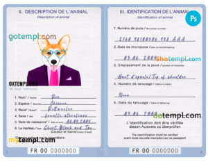 FREE editable template, France dog (animal, pet) passport PSD template, completely editable