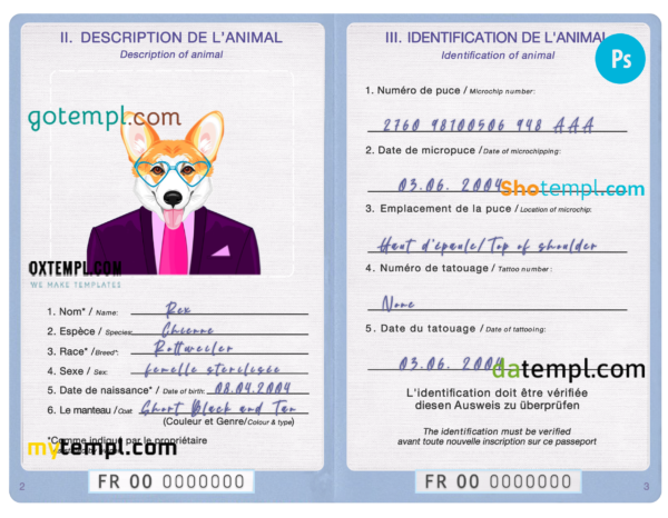 FREE editable template, France dog (animal, pet) passport PSD template, completely editable