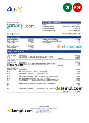 editable template, Gabon Alios Finance bank statement Excel and PDF template
