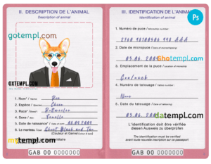 FREE editable template, Gabon dog (animal, pet) passport PSD template, completely editable