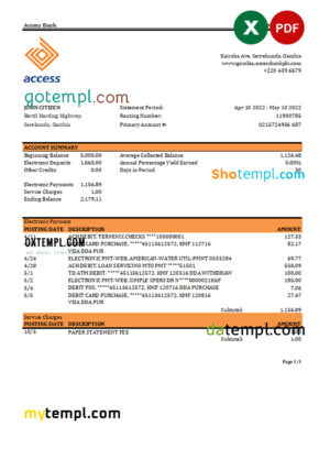 editable template, Gambia Access bank statement Excel and PDF template