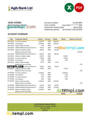editable template, Gambia Arab Gambian Islamic bank statement Excel and PDF template