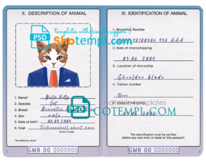 FREE editable template, Gambia cat (animal, pet) passport PSD template, completely editable