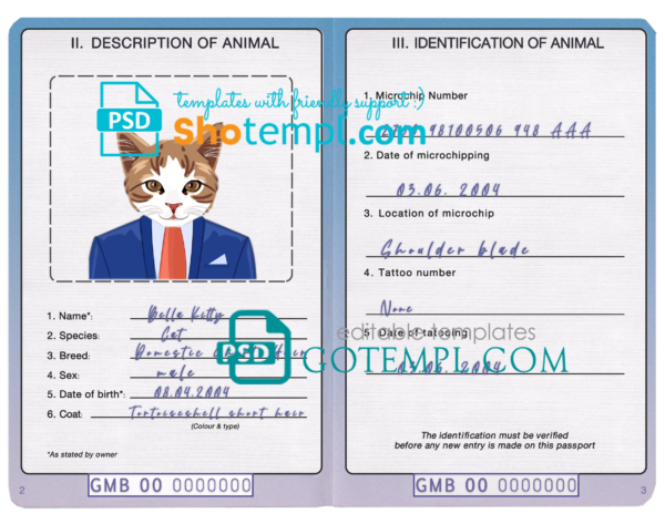 FREE editable template, Gambia cat (animal, pet) passport PSD template, completely editable