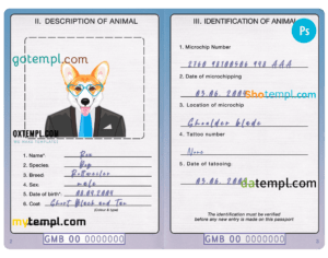 FREE editable template, Gambia dog (animal, pet) passport PSD template, fully editable