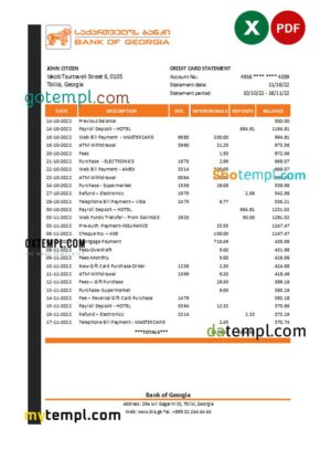 editable template, Georgia Bank of Georgia statement Excel and PDF template