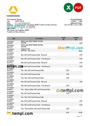 editable template, Germany Commerzbank statement Excel and PDF template