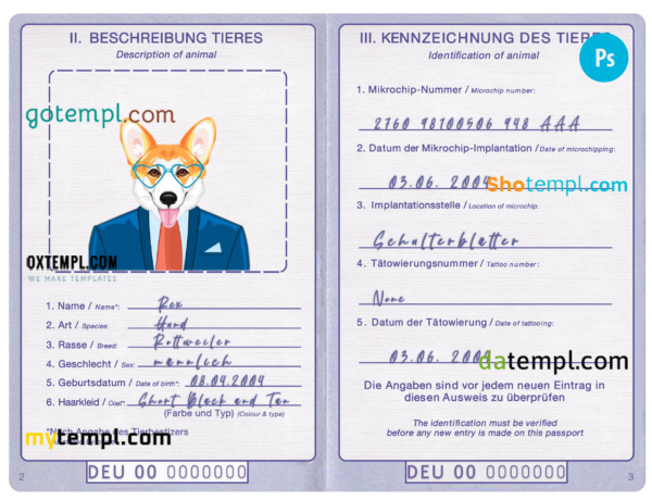 FREE editable template, Germany dog (animal, pet) passport PSD template, fully editable