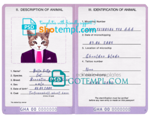 FREE editable template, Ghana cat (animal, pet) passport PSD template, completely editable