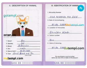 FREE editable template, Ghana dog (animal, pet) passport PSD template, fully editable