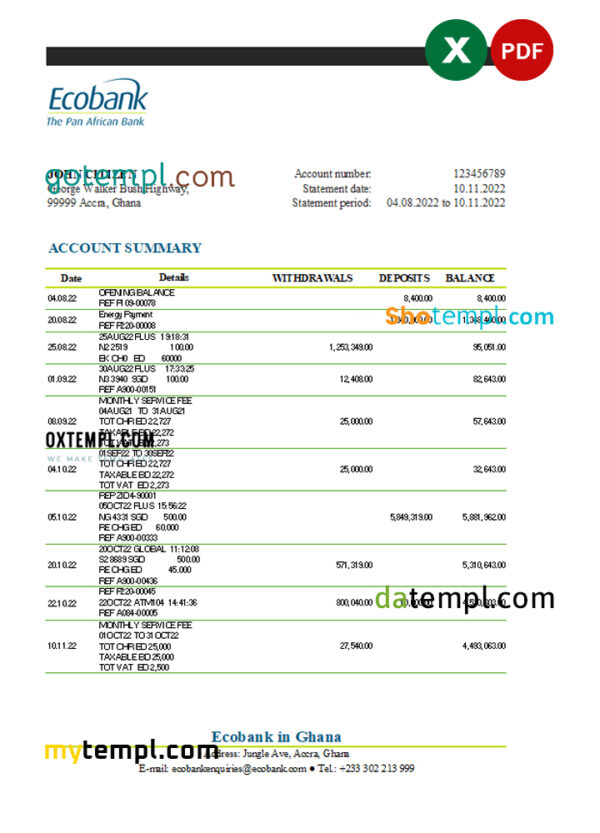 editable template, Ghana Ecobank bank statement Excel and PDF template