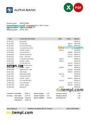 editable template, Greece Alpha Bank statement Excel and PDF template