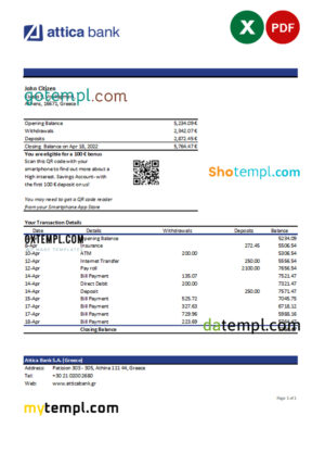 editable template, Greece Attica bank statement Excel and PDF template