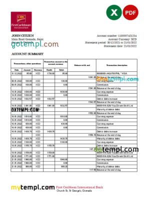 editable template, Grenada CIBC bank statement Excel and PDF template