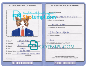 FREE editable template, Grenada cat (animal, pet) passport PSD template, fully editable