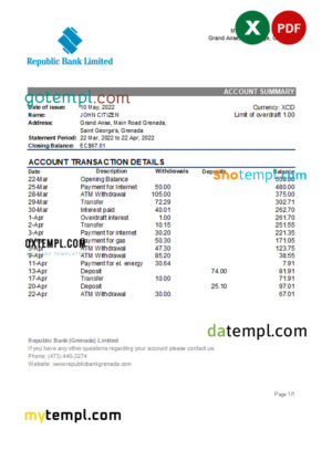 editable template, Grenada Republic bank statement Excel and PDF template