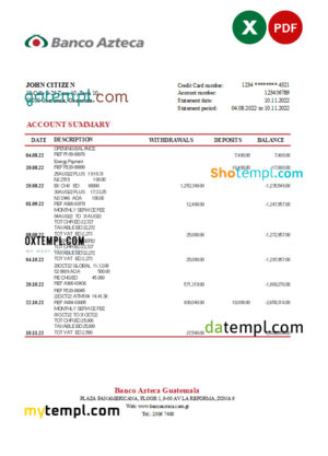 editable template, Guatemala Azteca bank statement Excel and PDF template