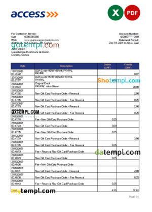 editable template, Guinea Access bank statement Excel and PDF template