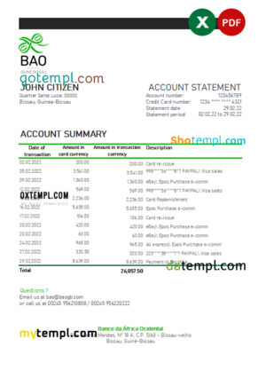 editable template, Guinea-Bissau Banco da Africa Ocidental bank statement Excel and PDF template