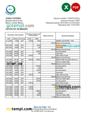editable template, Guinea-Bissau Banco da Uniao bank statement Excel and PDF template