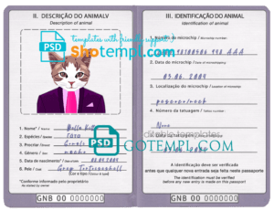 FREE editable template, Guinea-Bissau cat (animal, pet) passport PSD template, completely editable