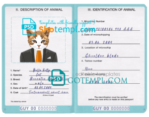 FREE editable template, Guyana cat (animal, pet) passport PSD template, fully editable