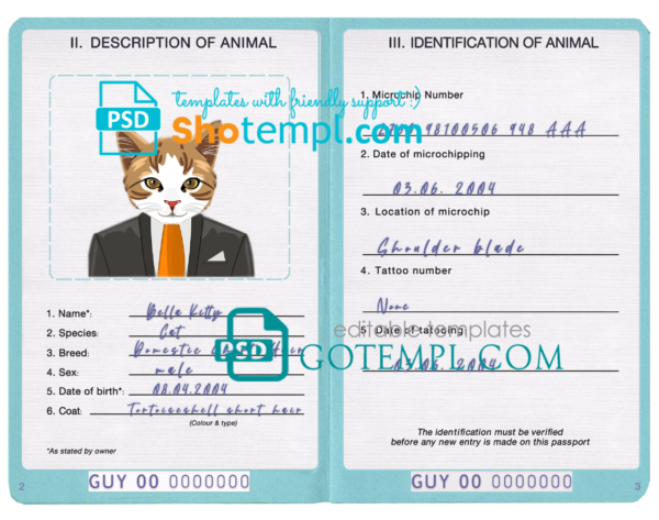 FREE editable template, Guyana cat (animal, pet) passport PSD template, fully editable