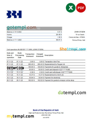 editable template, Haiti BRH bank statement Excel and PDF template