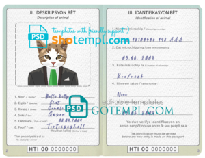 FREE editable template, Haiti cat (animal, pet) passport PSD template, completely editable