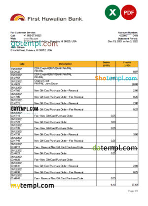 editable template, Hawaii First Hawaiian Bank statement Excel and PDF template