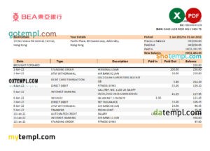 editable template, Hong Kong BEA bank statement Excel and PDF template