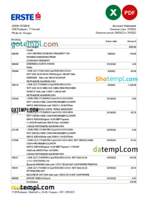 editable template, Hungary Erste bank statement Excel and PDF template