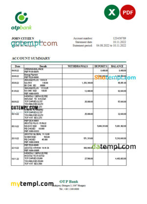 editable template, Hungary OTP bank statement Excel and PDF template