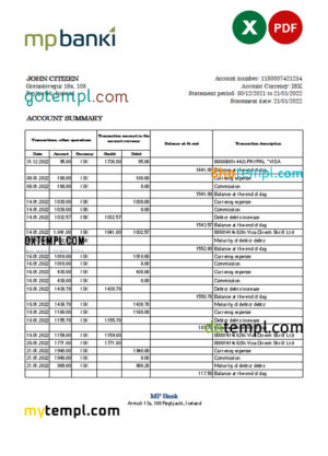 editable template, Iceland MP bank statement Excel and PDF template